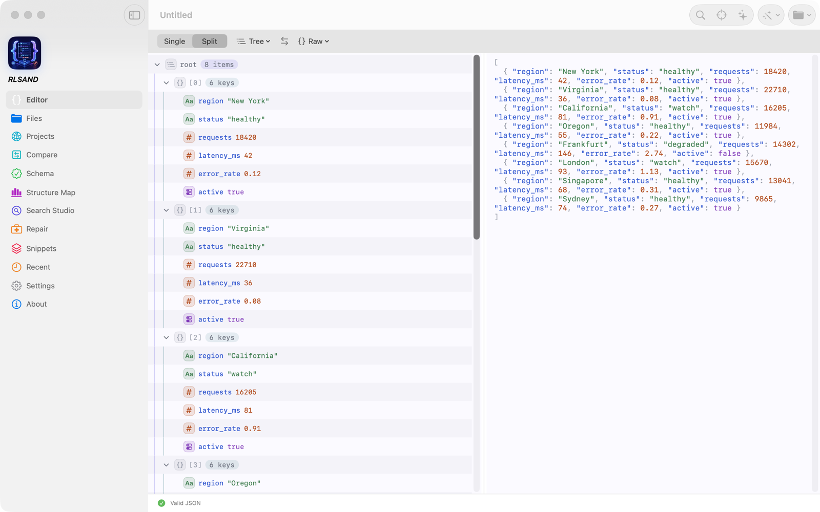 RLSAND JSON Editor on Mac: Split view with synchronized tree and raw editors over a JSON document, sidebar listing Editor, Compare, Schema, Structure Map, Search Studio, and Repair