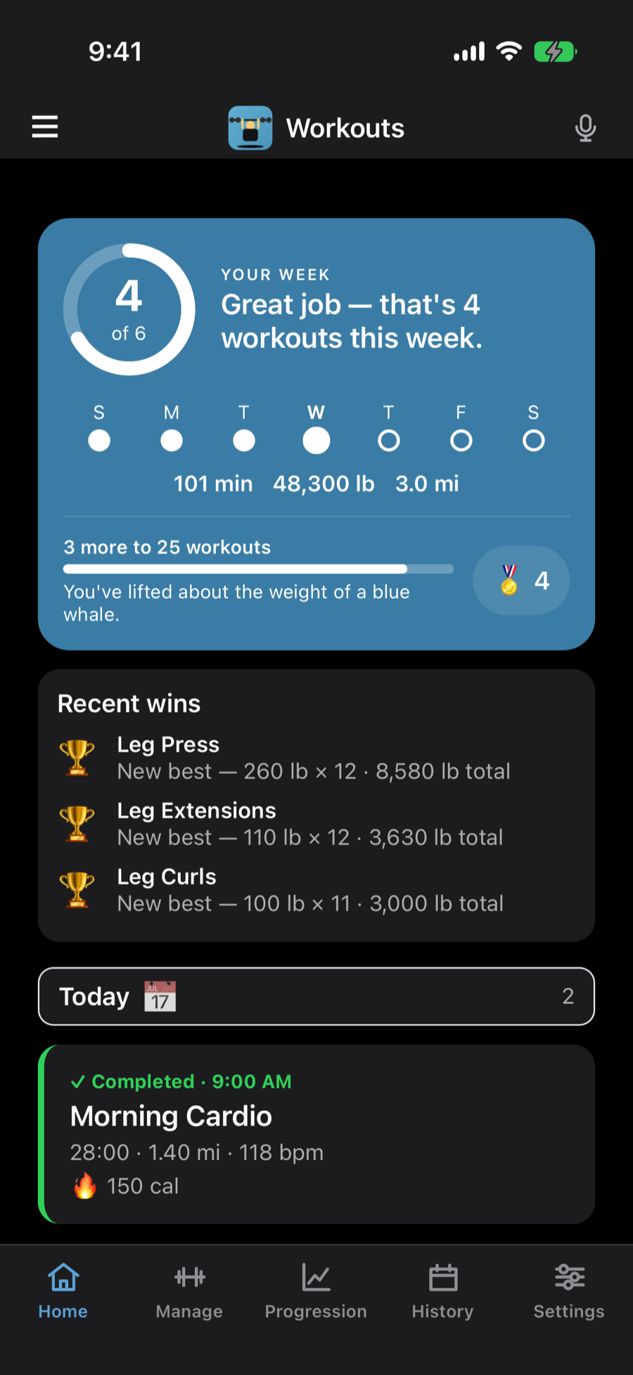 RLSAND FITNESS home screen: weekly progress ring, streak and recent personal bests